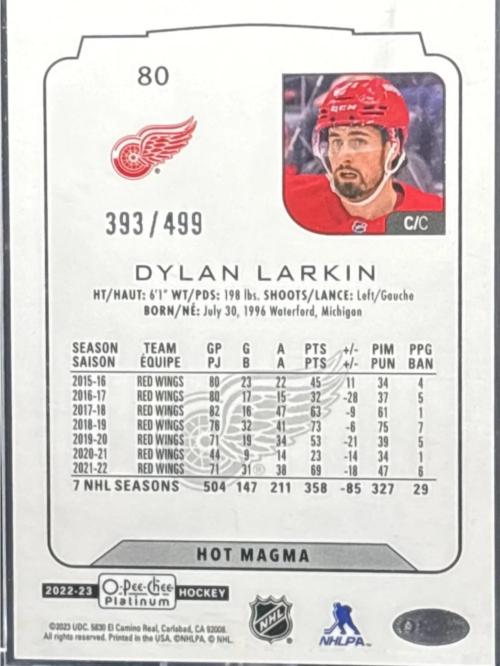O-Pee-Chee Platinum Dylan Larkin Hockey Card - Red Lava LE 393/499